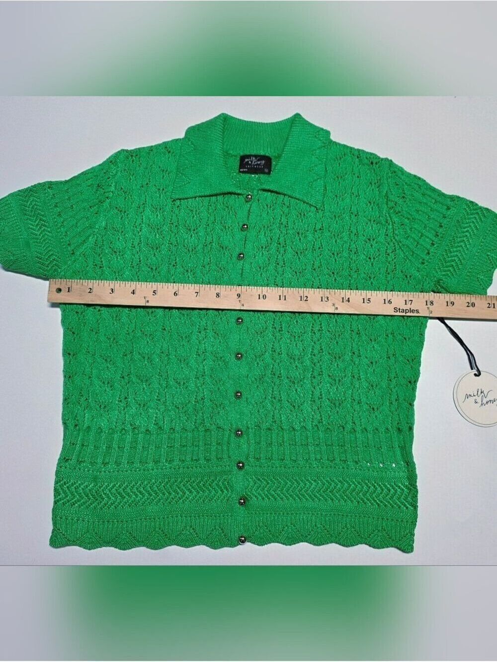 Milk & Honey Green Open Knit Button Front Collared Top Medium New With Tag - Picture 7 of 9